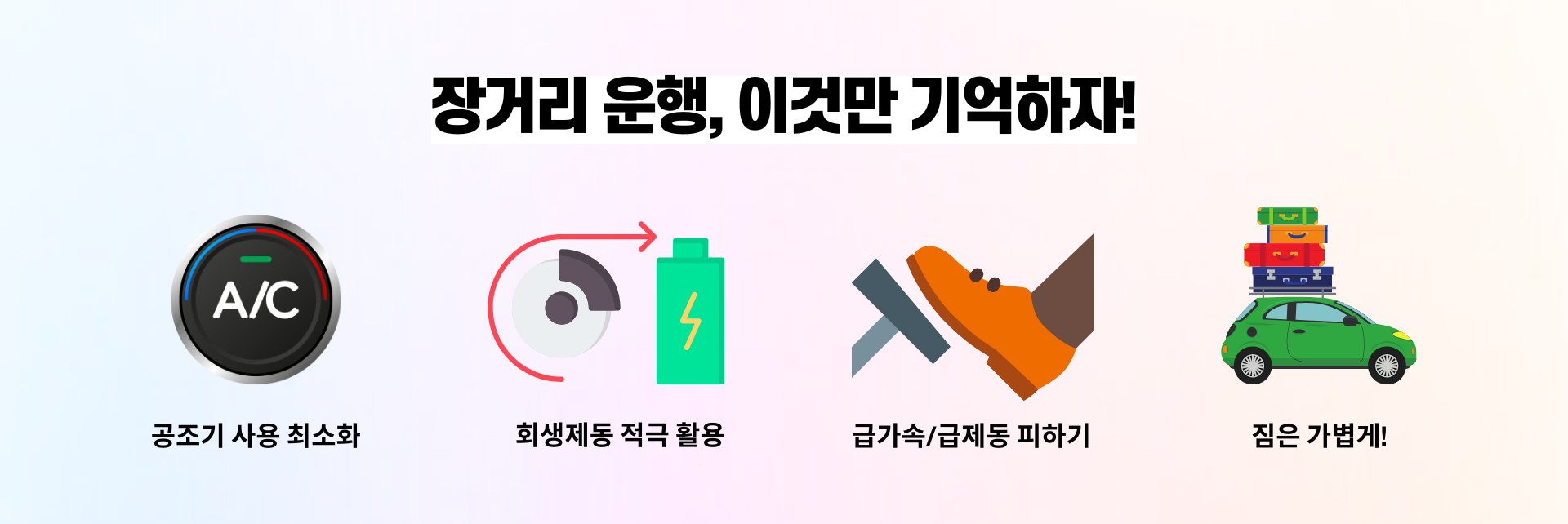 장거리 운행, 이것만 기억하자!: 공조기 사용 최소화, 회생제동 적극 활용, 급가속/급제동 피하기, 짐은 가볍게!