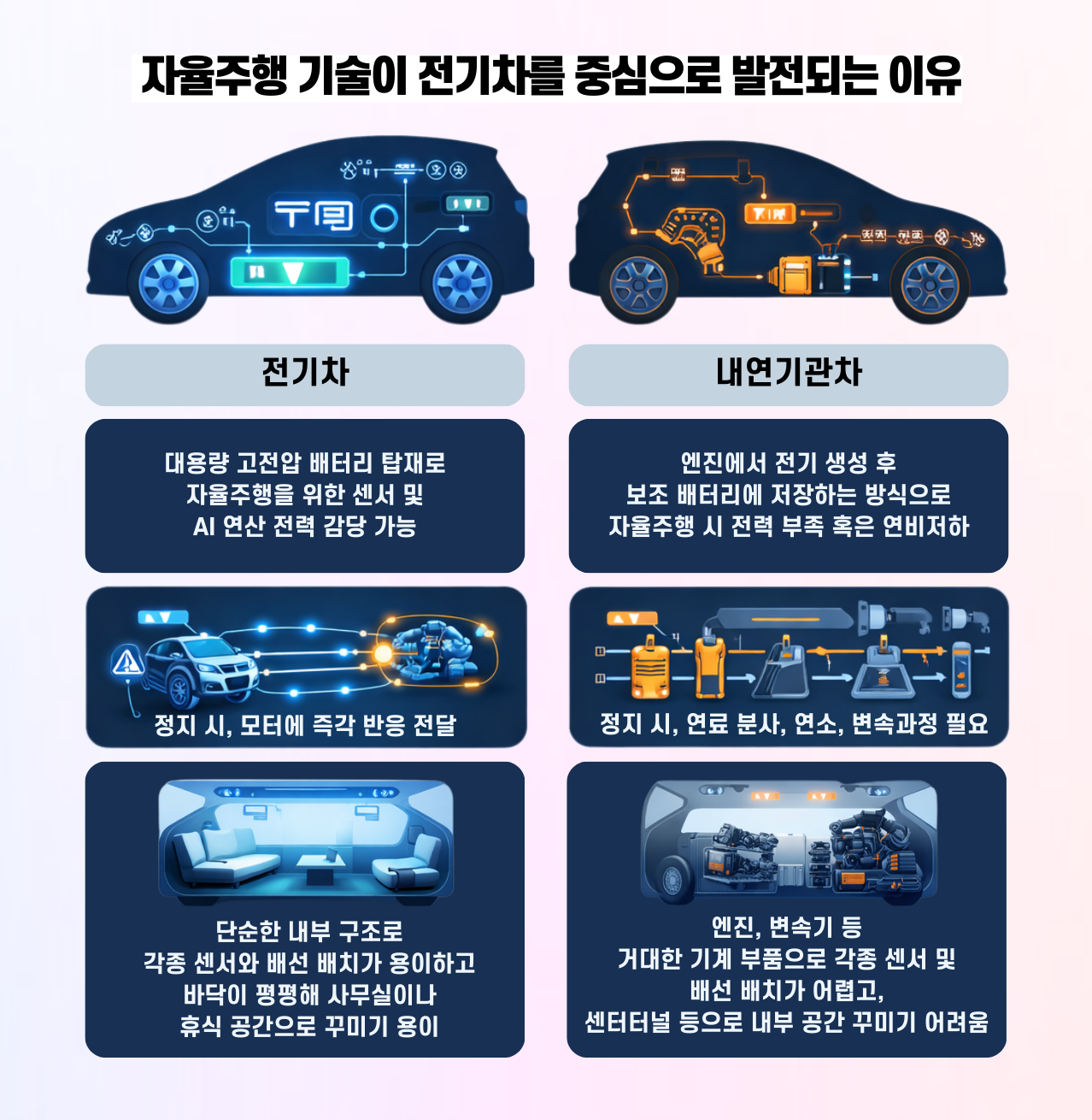 자율주행 기술이 전기차를 중심으로 발전되는 이유 | 전기차: 대용량 고전압 배터리 탑재로 자율주행을 위한 센서 및 AI 연산 전력 감당 가능 / 정지 시, 모터에 즉각 반응 전달 / 단순한 내부 구조로 각종 센서와 배선 배치가 용이하고 바닥이 평평해 사무실이나 휴식 공간으로 꾸미기 용이 | 내연기관차: 엔진에서 전기 생성 후 보조 배터리에 저장하는 방식으로 자율주행 시 전력 부족 혹은 연비저하 / 정지 시, 연료 분사, 연소, 변속 과정 필요 / 엔진, 변속기 등 거대한 기계 부품으로 각종 센서 및 배선 배치가 어렵고, 센터터널 등으로 내부 공간 꾸미기 어려움